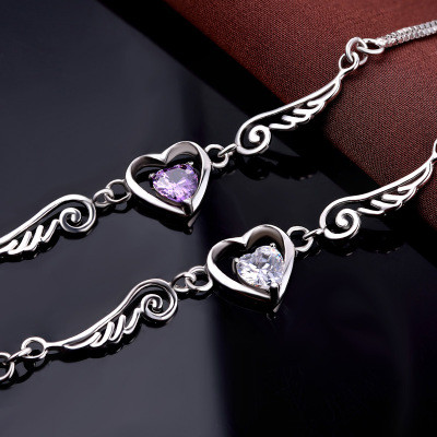 925 Silver Women Bracelet Love Heart Angel Wings - Click Image to Close